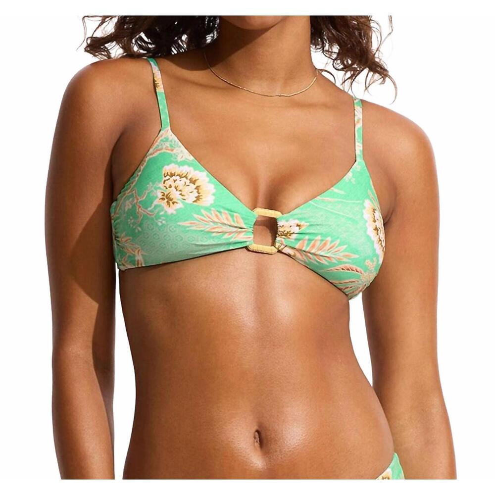 Seafolly Green Floral Ring-Front Bikini Top